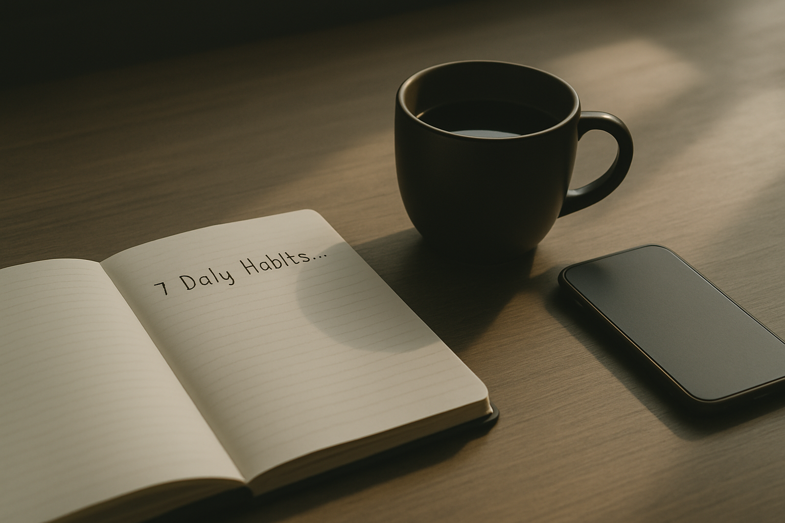 7 daily Dopamine habits journal coffee phone scene for dopamine or habit-related context