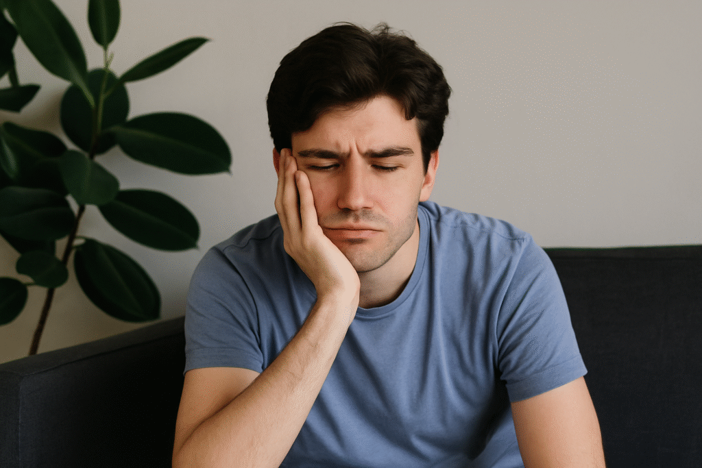 Bored man sitting couch dopamine deficiency fatigue scene for dopamine or habit-related context