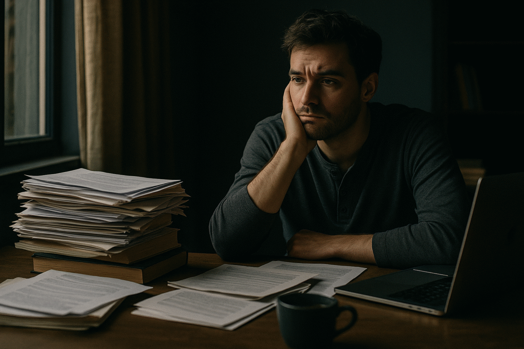 Burnt out man at desk too many tasks dopamine crash scene for dopamine or habit-related context