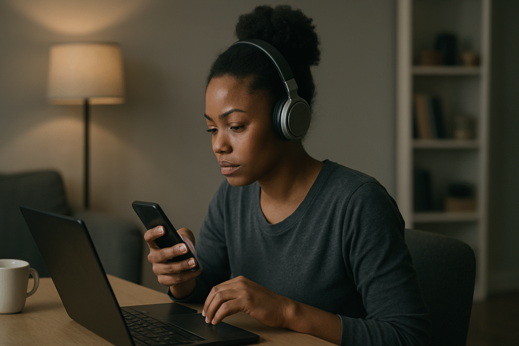 Woman multitasking with headphones, phone, and laptop, symbolizing constant background stimulation