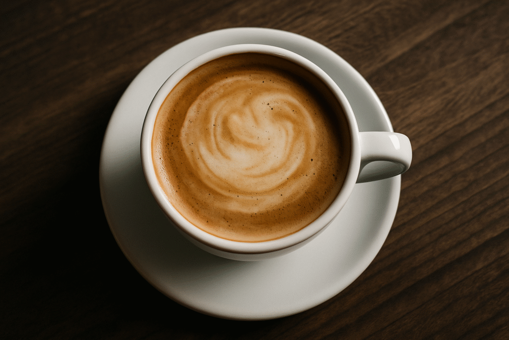 Cup of coffee on desk, referencing dependence and dopamine crash from habitual caffeine use