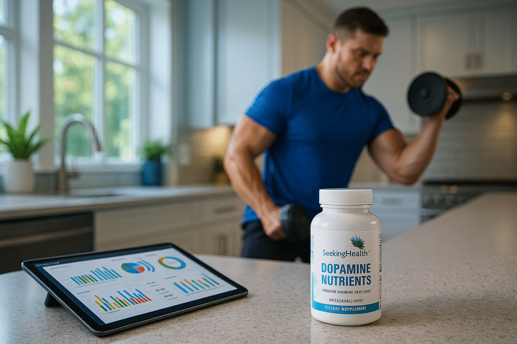 Dopamine nutrients supplement for focus and muscle performance scene for dopamine or habit-related context