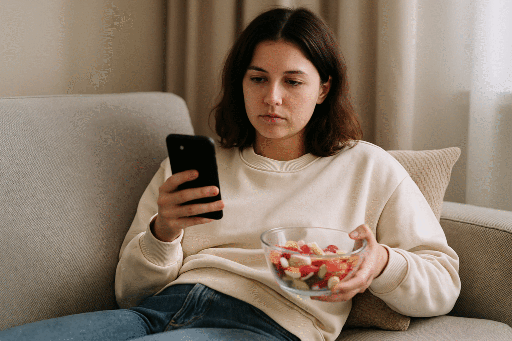 Girl eating candy scrolling phone dopamine addiction scene for dopamine or habit-related context