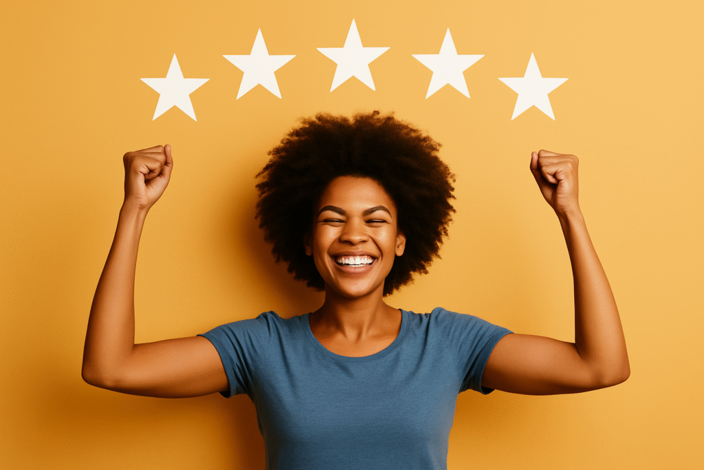 Happy woman celebrating achievement five stars motivation scene for dopamine or habit-related context