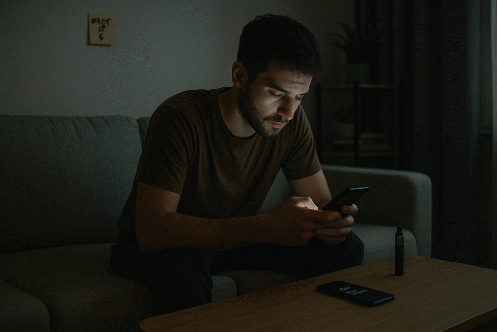 Man on couch in dark room, mindlessly scrolling social media, showing dopamine depletion habits