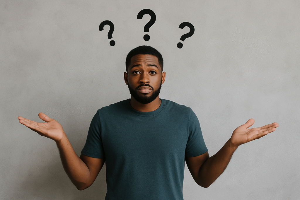 Man confused question marks overhead dopamine fatigue scene for dopamine or habit-related context