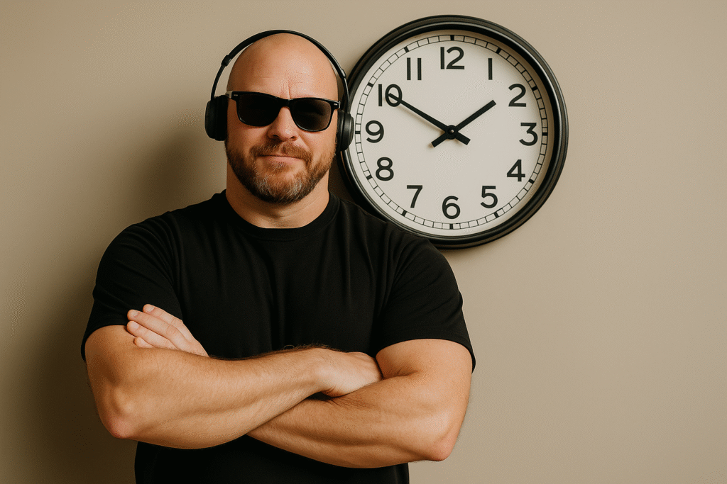 Man standing in front of clock headphones sunglasses scene for dopamine or habit-related context