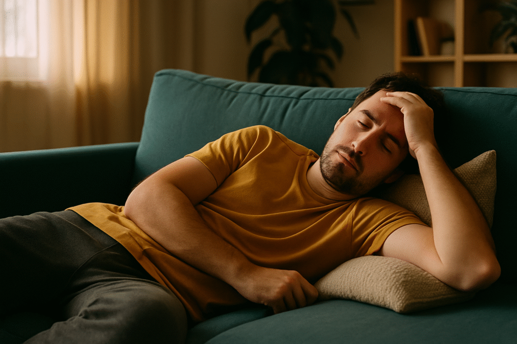 Man lying on couch headache dopamine exhaustion scene for dopamine or habit-related context