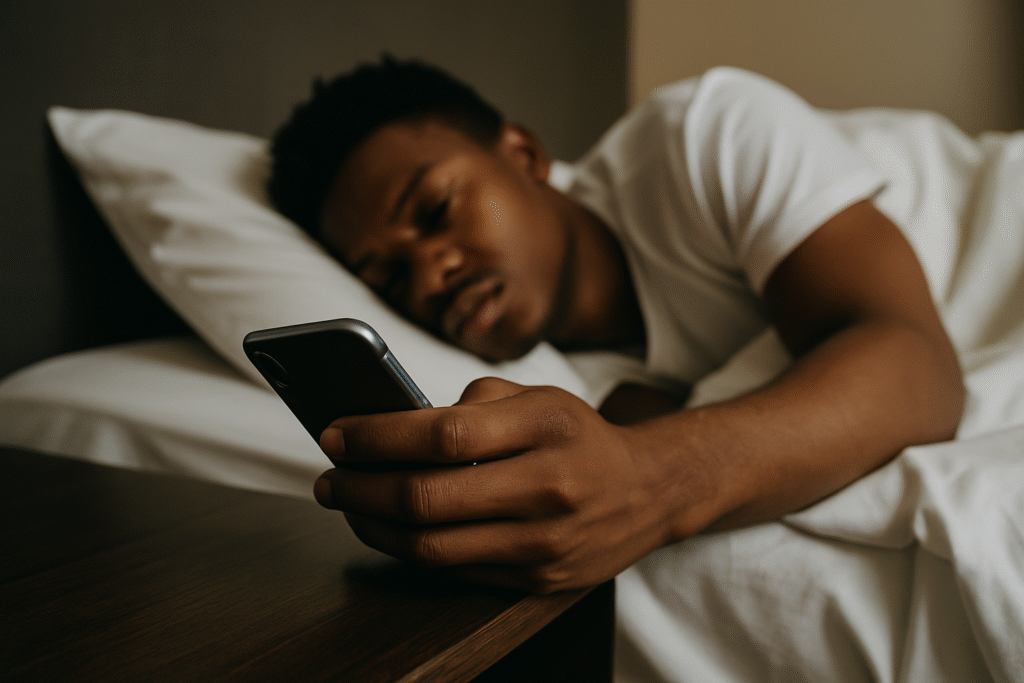 Man on phone in bed morning dopamine withdrawal scene for dopamine or habit-related context