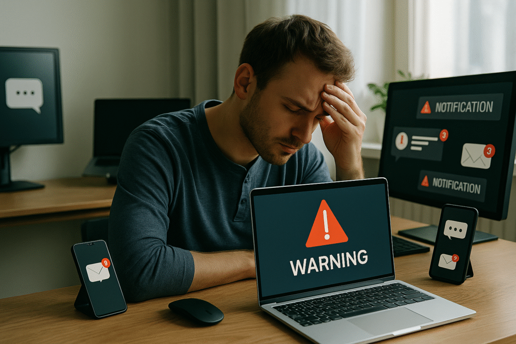 Man overwhelmed by notifications digital burnout warning scene for dopamine or habit-related context