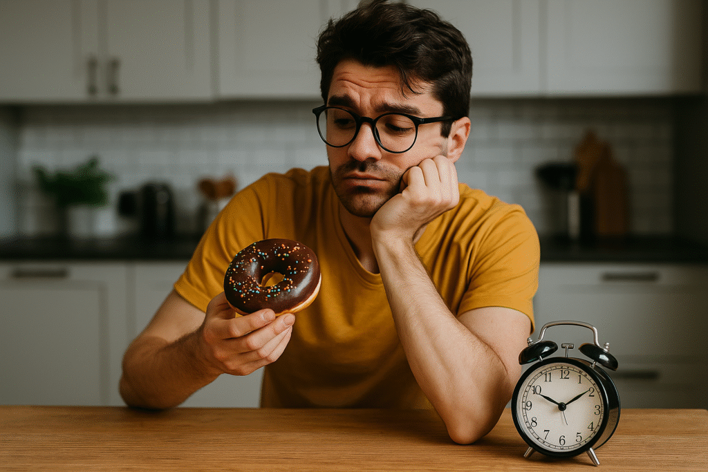 Man staring at doughnut kitchen clock morning struggle scene for dopamine or habit-related context