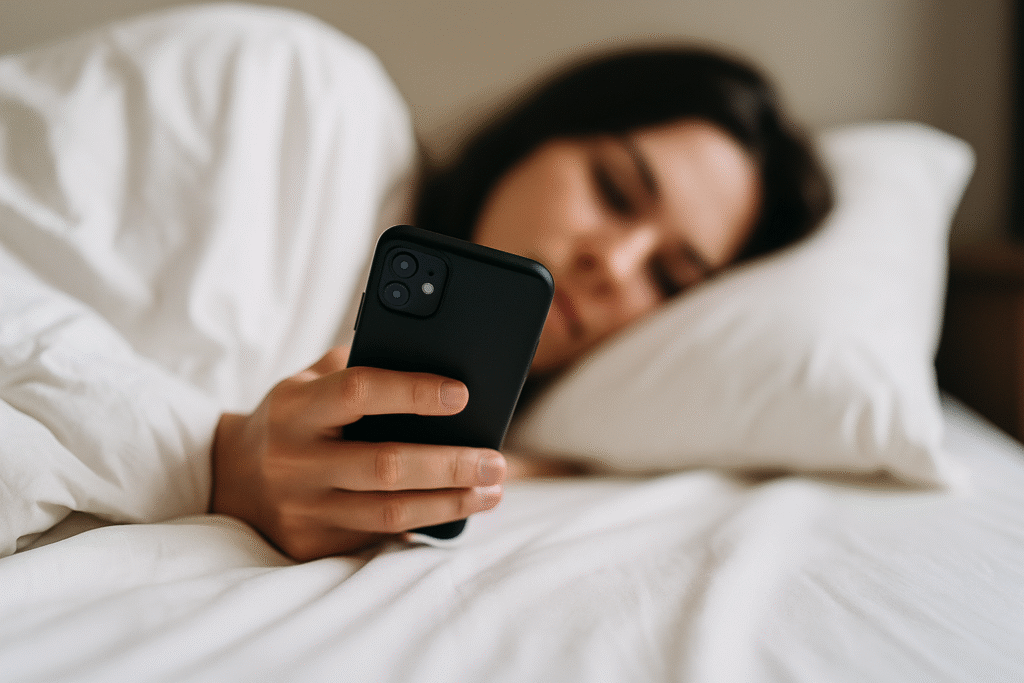 Young woman checking smartphone immediately after waking up, illustrating early dopamine spike
