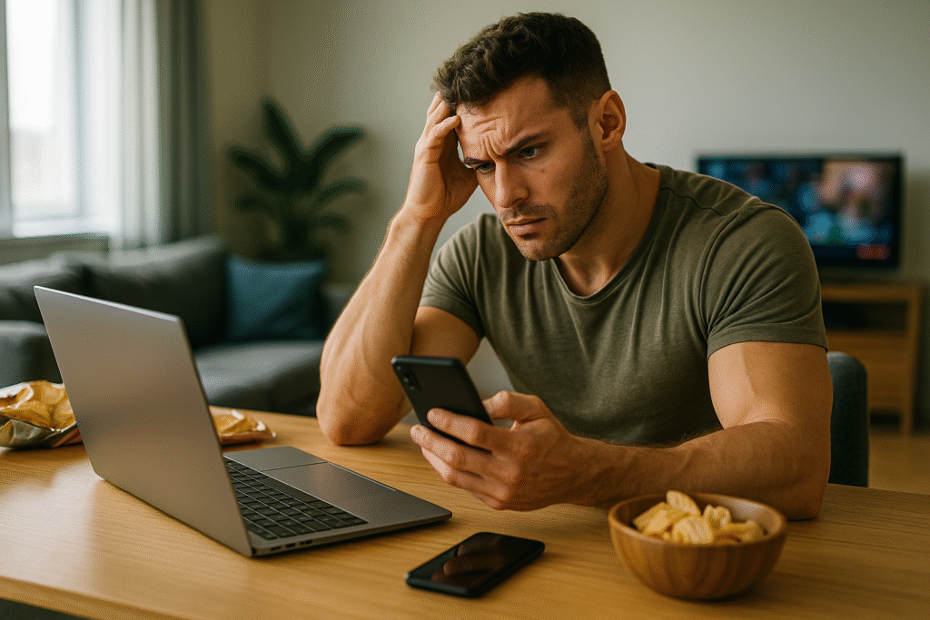 Stressed man scrolling phone laptop snacks dopamine overload scene for dopamine or habit-related context