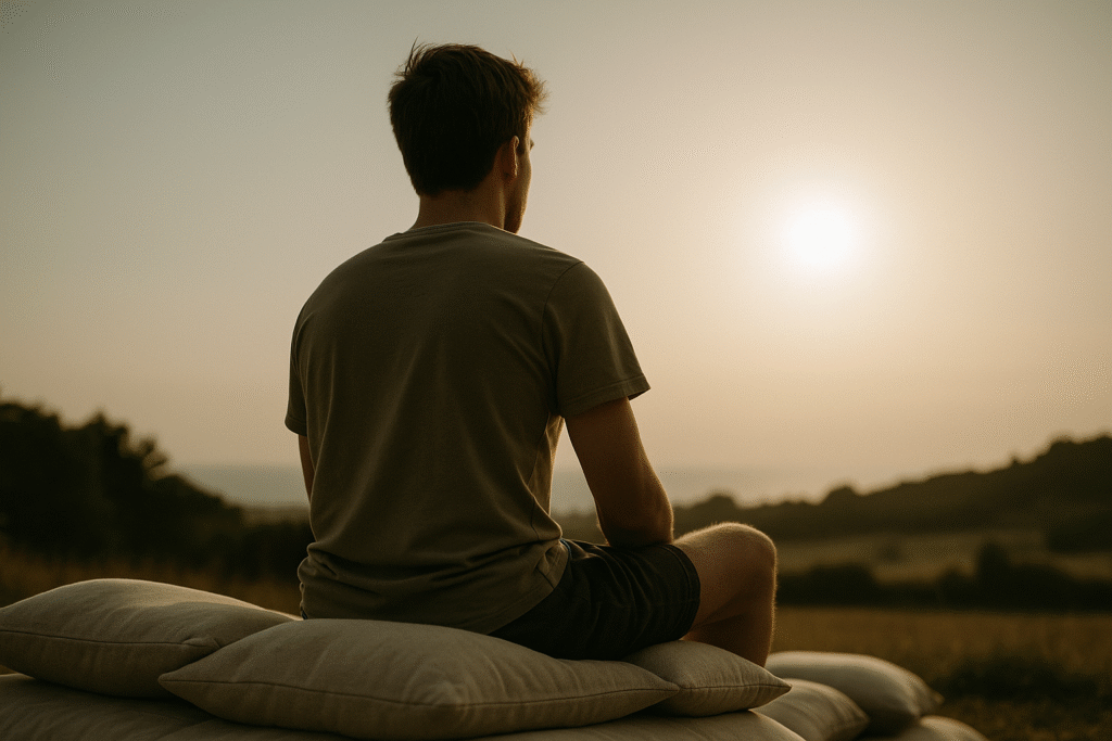 Man meditating outdoors at sunset, showing natural dopamine recovery through mindfulness