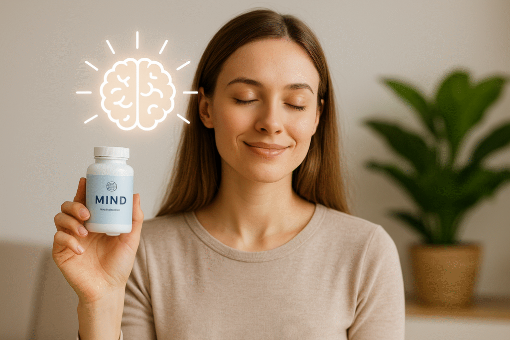 Woman holding brain supplement dopamine energy boost scene for dopamine or habit-related context