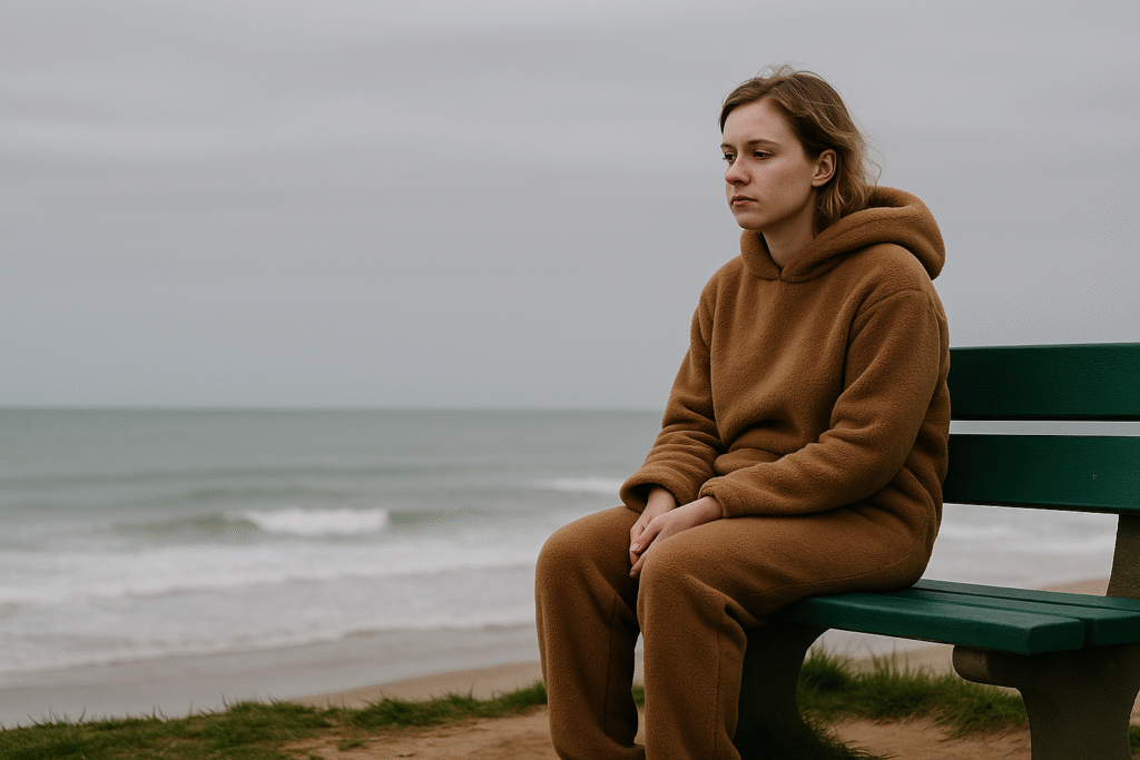 Woman in bear suit staring at ocean dopamine low scene for dopamine or habit-related context