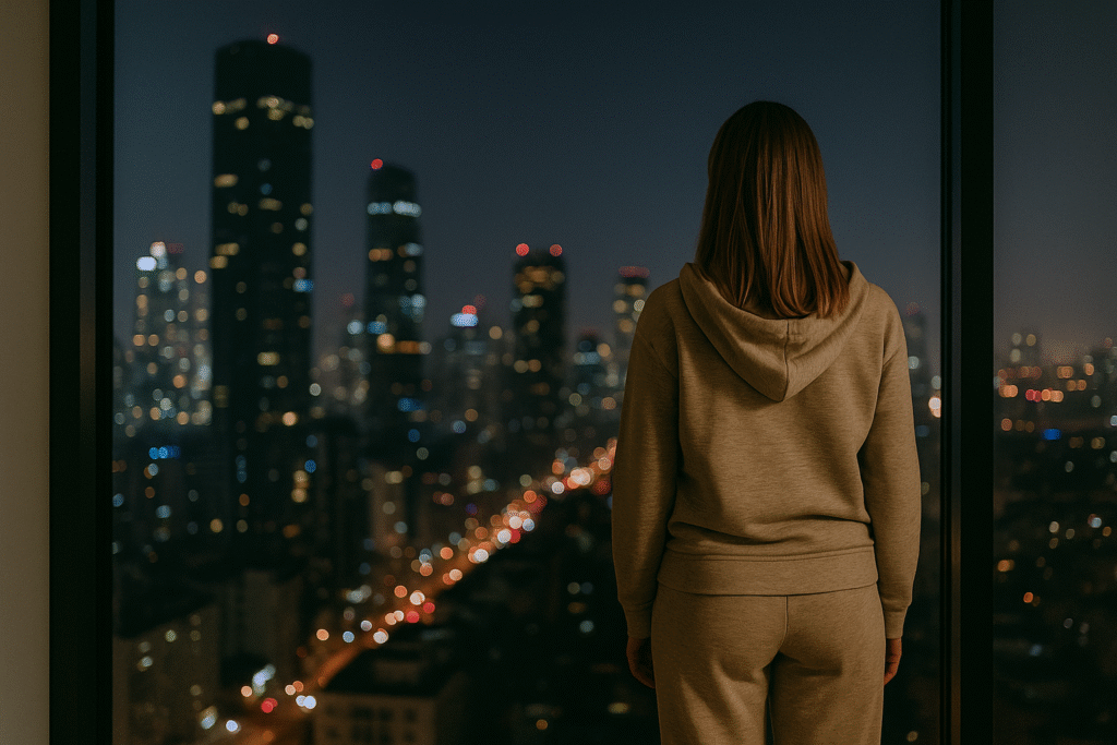 Woman looking out city window night introspection scene for dopamine or habit-related context