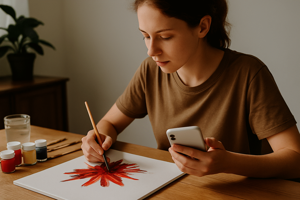 Woman painting holding phone focus and creativity scene for dopamine or habit-related context